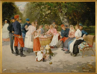 Barnepiker i en park … (maleri på lerret)
