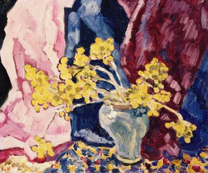 Blå vase, gule blomster og gardiner, ca. 1938 (olje på lerret)
