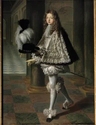 Portrait en pied av Louis Alexandre de Bourbon, greve av Toulouse i nybegynnerdrakt av Den Hellige Ånd (Den Hellige Ånds orden) (1678-1737), legitim sønn av Louis XIV og Francoise Athenais (Francoise-Athenais) av Rochechouart Mortemart, Marquise av Mont