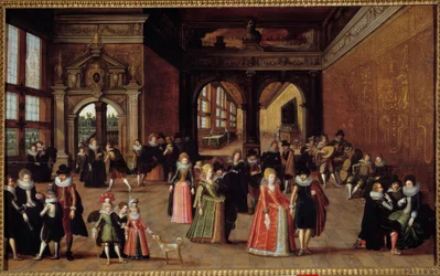 Bal ved hoffet til Henri IV. Maleri av Louis De Caulery (kjent som Mesteren i boken med skisser av Leningrad) (ca. 1580-etter 1621), ca. 1610. Olje på tre. Mål: 0,50 X 0,98 m. Rennes, Museum of Fine Arts