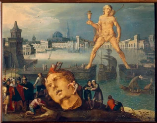 Seven Wonders of the World: "" The Colossus of Rhodes"" (Colosso di Rodi) Maleri av Louis de Caullery (kjent som Mesteren av Book of Sketches of Leningrad) (ca. 1580- etter 1621) 1600-tallets søn. 0,35x0,46 m