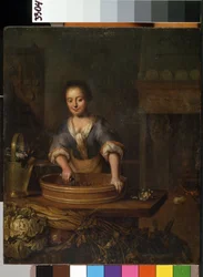 ""Kokken"" (Kokken) En ung kokk på et landkjøkken som tilbereder kål. Maleri av Louis de Moni (1698-1771) Mikalojus Konstantinas Ciurlionis kunstmuseum, Kaunas, Litauen