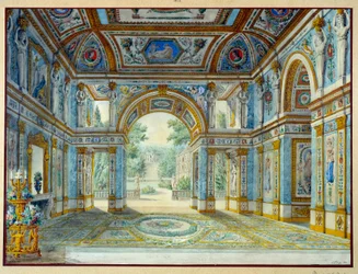 Portiko av et palass som åpner ut mot en park. Gravering av Louis De Saint Ange (1780-1831)