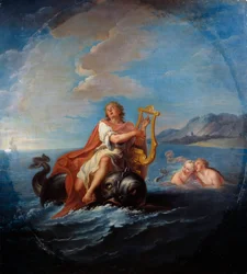 Arion spiller lyre. Arion de Methymne er en gresk poet fra det 7. århundre f.Kr. Maleri av Louis De Silvestre (1675-1760)