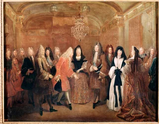 Kongen av Frankrike Ludvig XIV tar imot prinsen Frederick Augustus I i slottet Fontainebleau (maleri
