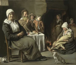 Bondeinteriør med en gammel fløytespiller. Rundt 1642