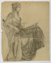 Uten tittel (Sittende, drapert kvinnefigur, profil)