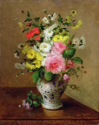 Stilleben med blomster i en vase, ca. 1866