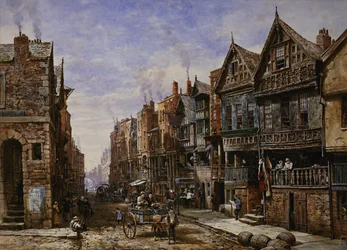 Chester: Watergate Street fra hjørnet av Crook Street, med Eastgate Beyond,