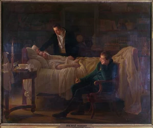 Marie Francois Xavier Bichat (1771-1802) døende omgitt av legene Esparon og Philibert Joseph Roux (1780-1854)