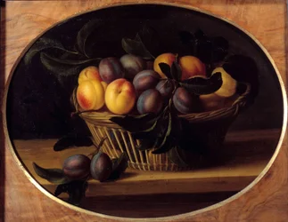 Stilleben med pecher og plommer Maleri av Louise Moillon (1610-1696) Søn fra 1600-tallet. 0,37x0,46 m