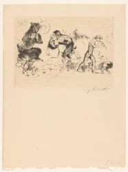 Satyrer, en nymfe, en faun og en griseflokk