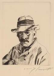 Selvportrett i stråhatt, bystelengde, 1913.