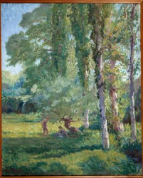 Par på gresset under en poppel Maleri av Loys Prat (1879-1934), 1900-tallet. Olje på lerret. Donzere, rådhuset.