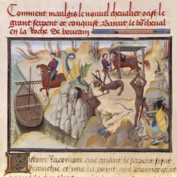 Ms 5072 fol.37v Maugis Fighting the Serpent and Gaining the Enchanted Horse, Bayard, fra Renaud de Montauban-syklusen