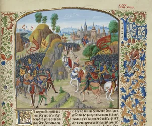 Dronning Philippa av Hainault før slaget ved Nevilles kors 17. oktober 1346, ca 1470-1475.