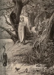 Beklager fra fiskefuglene, fortalt av Saint Martin til innbyggerne ved bredden av Loire - gravering av Luc Olivier Merson (1846-1920)