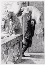 Quasimodo bortfører Esmeralda - i «Notre-Dame de Paris» av Victor Hugo, av Luc-Olivier Merson, gravert av Gery Bichard, utg. E. Testard, Paris