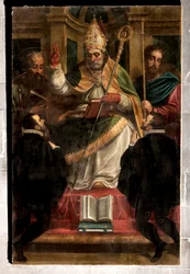 Genova, Duomo (St. Lawrence Cathedral): "St. Gotthard mellom St. Paul og St James og to knelende hengivne" (1571), av Luca Cambiaso (med ommalinger av Carlo Giuseppe Ratti)