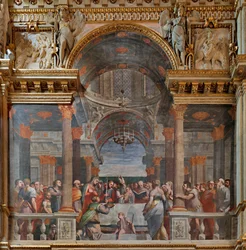 Genova, Duomo (St. Lawrence-katedralen), innvendig, Lercari-kapellet eller kapellet til det hellige sakrament (nordlig apsis), nordsiden: "The Presentation in the Temple", freskomaleri av Luca Cambiaso