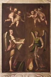 Genova, Duomo (St. Lawrence Cathedral), sakristi, kapell: "Engler med episkopale insignier, bøker og palmegrener", av Luca Cambiaso, ca 1580