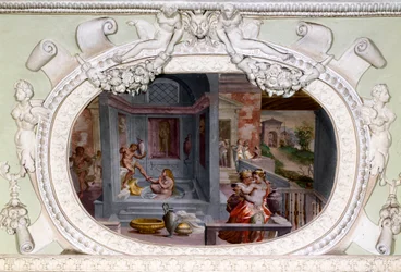 Scener av bad, forførelse. Fresco av Luca Cambiaso (1527-1585)