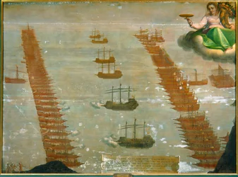 Sjøslaget ved Lepanto i 1571, der den keiserlige flåten under Don Juan d#39;Austria og dogen av Venezia