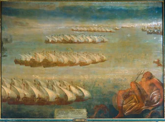 Sjøslaget ved Lepanto i 1571, der den keiserlige flåten under Don Juan d#39;Austria og dogen av Venezia