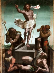 Oppstandelsen. Jesus Kristus holder en korsstav, og i enden av den vaier et hvitt flagg (en fane) merket med et rødt kors. 16. århundre, Taggia, Santuario della Madonna Miracolosa