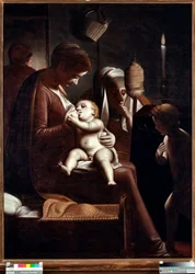 Jomfru og barn med døperen Johannes eller "" Jomfru et stearinlys" eller "" Hellig familie med den hellige Anne og døperen Johannes"" (Jomfru med et lys) Maleri av Luca Cambiaso (1527-1585)