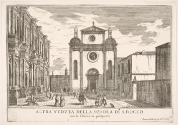 Plate 38: Utsikt over fasaden til kirken St. Roch og til venstre fasaden til Schoo..., 1703.