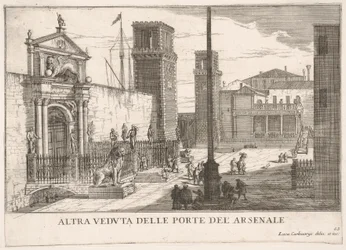 Plate 63: Utsikt over porten til verftet og våpenhuset Arsenale, Venezia, 1703, fr..., 1703.