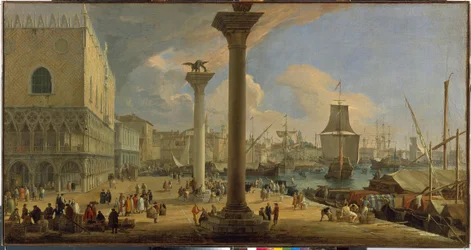 Moloen og hertugpalasset (Venezia, Italia) - Maleri av Luca Carlevaris (1663-1730), olje på lerret, ca. 1710, 64x121 cm - Moloen med hertugpalasset, Olje på lerret av Luca Carlevaris - Statseremitasjen, St. -Petersburg
