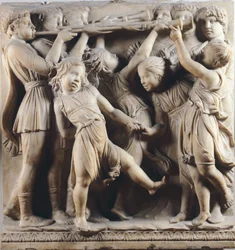 Barn og kjeruber som danser, synger og spiller, detalj fra Cantoria (korgalleri)