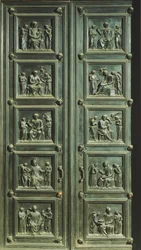 Italia, Firenze, Santa Maria del Fiore-kirken, Døren til messenes sakristi, av Luca della Robbia (cirka 1400-1482) (UNESCOs verdensarvliste