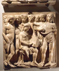 Laudate Eum in chordis et organo (Salme 150, Laudate Dominum), panel med gutter som synger med orgel, harpe og lutt