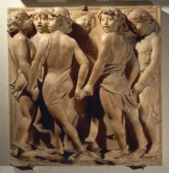 Lov ham i koret (Salme 150, Lov Herren), panel med gutter som synger og danser i ring
