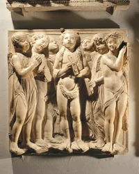 Pris ham med klingende cymbaler (Salme 150, Pris Herren), panel med putti og engler som spiller cymbaler