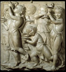 Panel av Cantoria eller tribune av sangere: barn som spiller cymbaler. høymarmorrelieff av Luca della Robbia (ca. 1400-1482) 1431-1438 Dim. 348 cm Museo dell