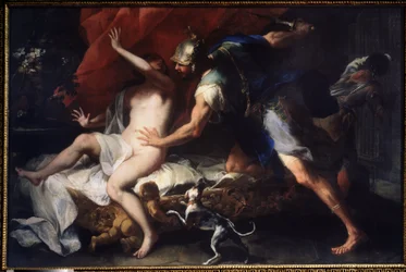 (Tarquinius og Lucretia) Voldtekten av Lucretia (Lucrezia, Lucretia, romersk dame), offer for vold begått av fetteren Sextus Tarquinius, sønn av Tarquinius Superbus. Maleri av Luca Giordano (1632-1705), 17. århundre, Statens kunstmuseum, Tula, Russland