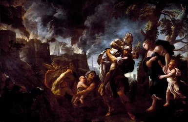 Aeneas flykter fra Troja. Aeneas bærer Anchises og flykter fra byen som har falt i akajernes hender. 1675-1680. Genova, Galleria Nazionale di Palazzo Spinola