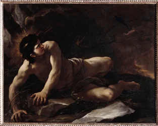 Den hellige Benedikts fristelse, der han kaster seg i tornekrattet for å unngå fristelser. Maleri av Luca Giordano (1634-1705), Museo dell