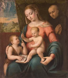 Jomfru med barn, den unge St. John og en St. Nicholas av Tolentino (olje på lerret)