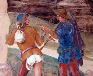 Benedict formaner broren til munken Valerian som har brutt sin raske freske med detaljer Cloister laget av Luca Signorelli (ca. 1445-1523) som forteller om livet til Saint Benedict of Nursie (480 - 567) grunnlegger av Benediktinerordenen 1497-1498 Abbey of