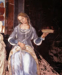 Benedict fortalte munkene hvor og når de spiste utenfor klosteret. Detail Cloister fresco laget av Luca Signorelli (1445 ca-1523) som forteller om livet til Saint Benedict of Nursie (480 - 567) grunnlegger av Benediktinerordenen 1497-1498 Abbey of Monte Ol