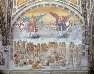 Nærbilde av en fresco i en katedral, Resurrection Of The Flesh, Luca Signorelli, Orvieto, Umbria, Italia