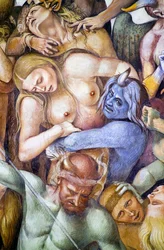 Forbannet i helvete, detalj med selvportrett av Luca Signorelli i skikkelse av en blå demon, fra freskosyklusen Last Judgment