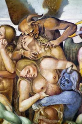 Forbannet i helvete, detalj med selvportrett av Luca Signorelli i skikkelse av en blå demon, fra freskosyklusen Last Judgment