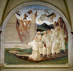 Life of Saint Benedict: "" How God Punishes Florent"" En munk forteller helgenen at Florent (Fiorenzo) døde begravet under dekompresjonen av huset hans skutt ned av demonene. Fresco av Luca Signorelli (ca. 1445-1523)