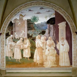Life of Saint Benoit: "" Saint Benoit gjenoppliver en arbeidende munk på byggeplassen til klosteret Mount Cassin (monte cassino) etter kollapsen av en mur på grunn av en demon. Fresco av Luca Signorelli (ca. 1445-1523)